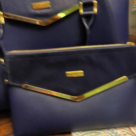 JOY & IMAN Couture Leather Satchel & Clutch with Velvet Detail - Navy - Picture 6 of 8